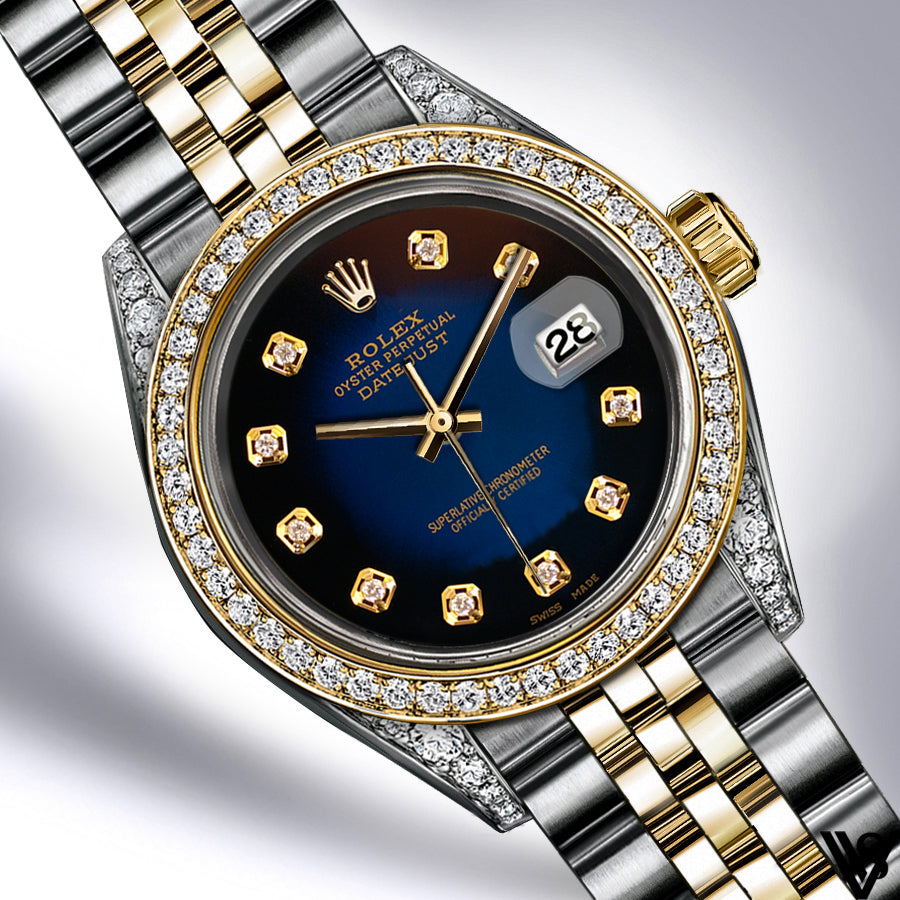 Rolex - Stainless Steel and Yellow Gold Datejust - Diamond Bezel - Blue and Black Vignette Diamond Dial - Jubilee Bracelet - Diamond Lugs