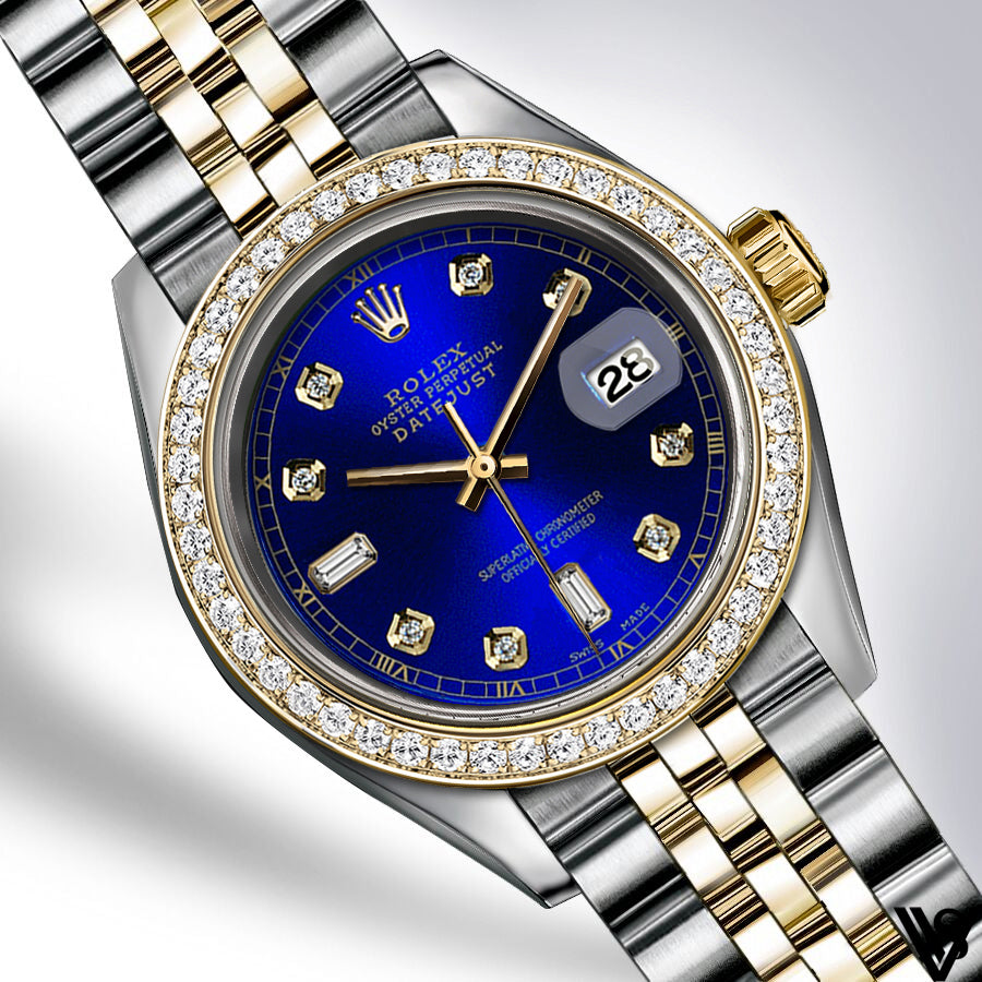 Rolex - Stainless Steel and Yellow Gold Datejust 26mm - Diamond Bezel - Royal Blue 6 & 9 Baguette Diamond Dial - Jubilee Bracelet