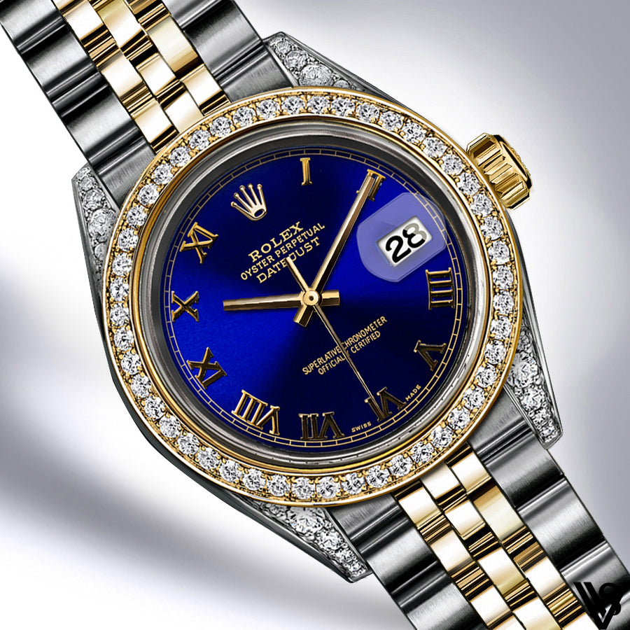 Rolex - Stainless Steel and Yellow Gold Datejust 26mm - Diamond Bezel - Royal Blue Roman Dial - Jubilee Bracelet - Diamond Lugs