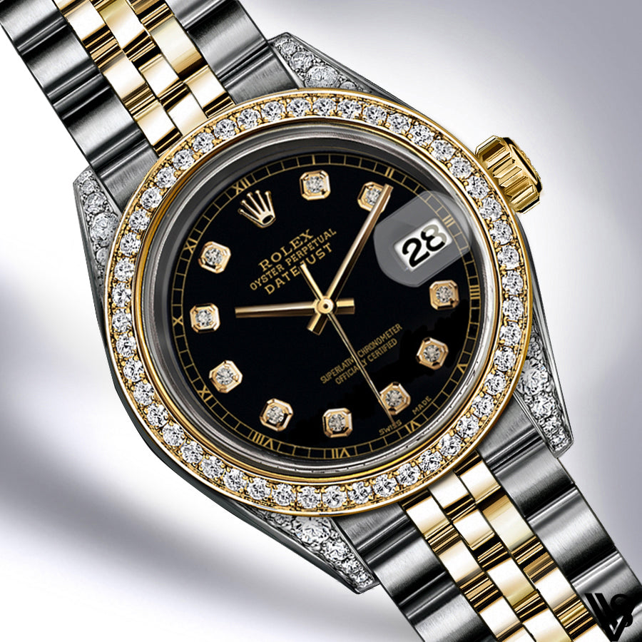 Rolex - Stainless Steel and Yellow Gold Datejust 26mm - Diamond Bezel - Classic Black Diamond Track Dial - Jubilee Bracelet - Diamond Lugs