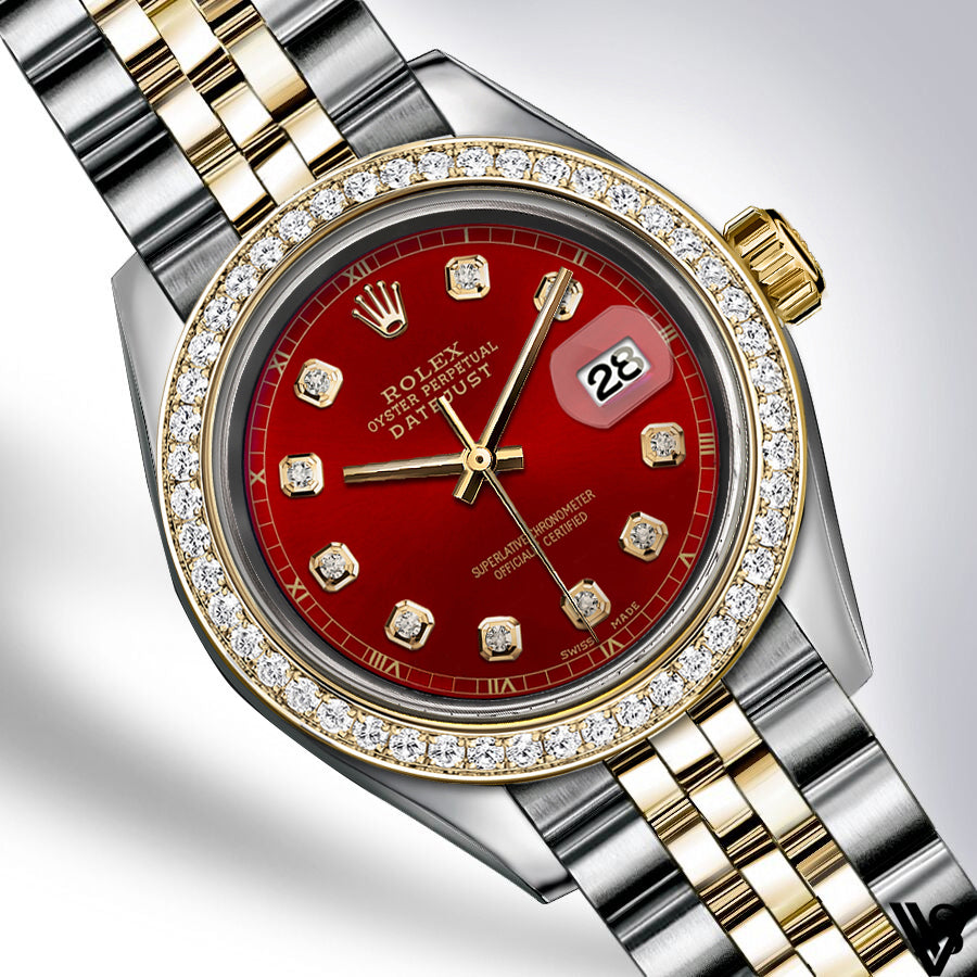 Rolex - Stainless Steel and Yellow Gold Datejust 26mm - Diamond Bezel -Orange Red Tomato Diamond Dial - Jubilee Bracelet