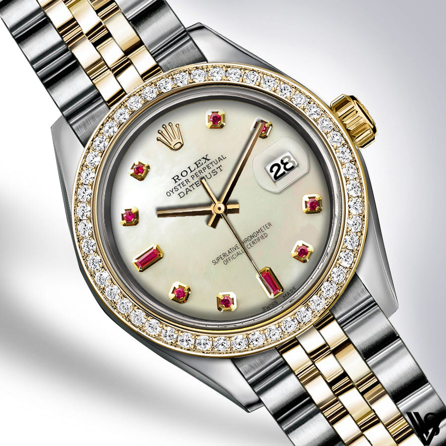 Rolex - Stainless Steel and Yellow Gold Datejust 26mm - Diamond Bezel - Natural Pearl Ruby Diamond Dial - Jubilee Bracelet