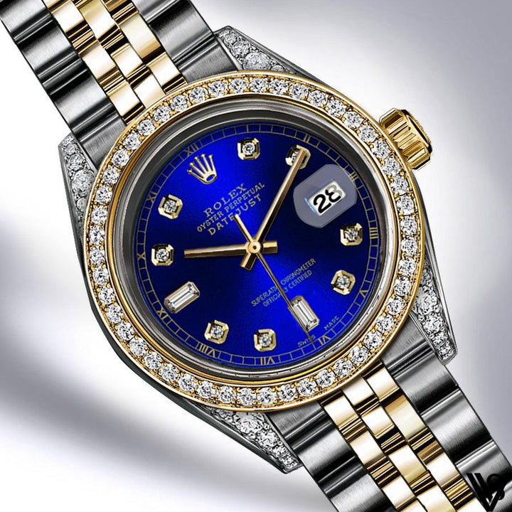 Rolex - Stainless Steel and Yellow Gold Datejust - Diamond Bezel - Royal Blue Baguette 6 & 9 Diamond Dial - Jubilee Bracelet - Diamond Lugs