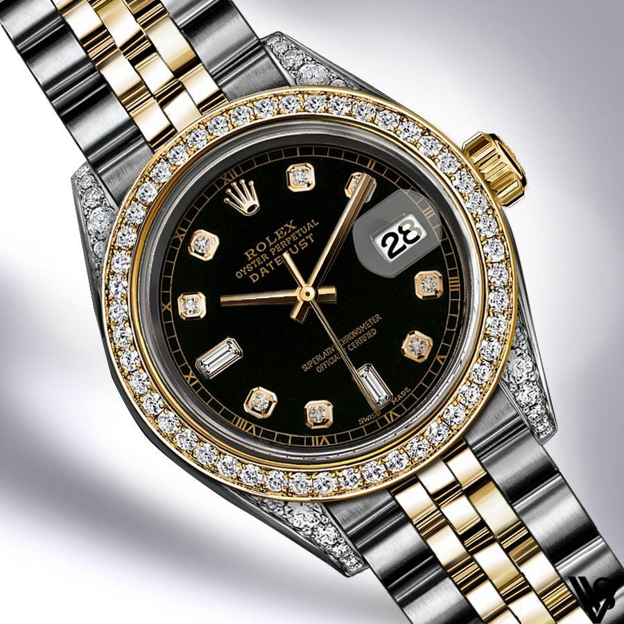 Rolex - Stainless Steel and Yellow Gold Datejust - Diamond Bezel - Black Baguette 6 & 9 Diamond Dial - Jubilee Bracelet - Diamond Lugs