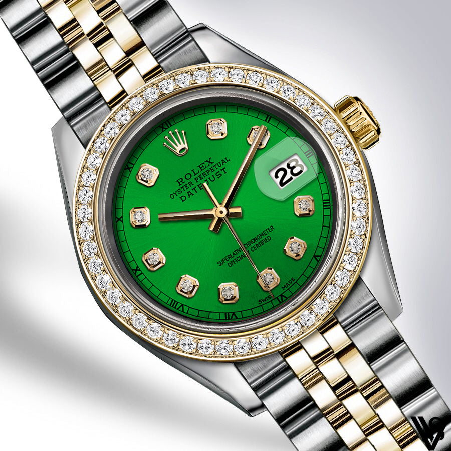 Rolex - Stainless Steel and Yellow Gold Datejust 26mm - Diamond Bezel - Green Diamond Dial - Jubilee Bracelet