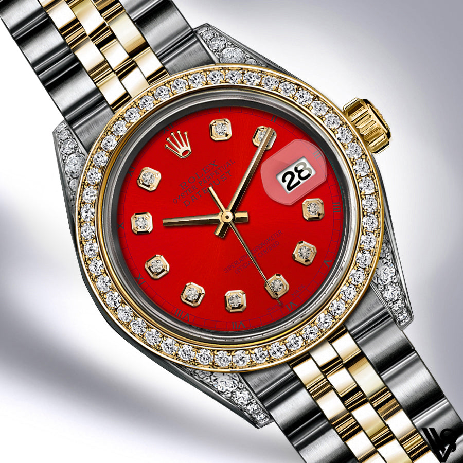 Rolex - Stainless Steel and Yellow Gold Datejust 26mm - Diamond Bezel - Red Diamond Dial - Jubilee Bracelet - Diamond Lugs