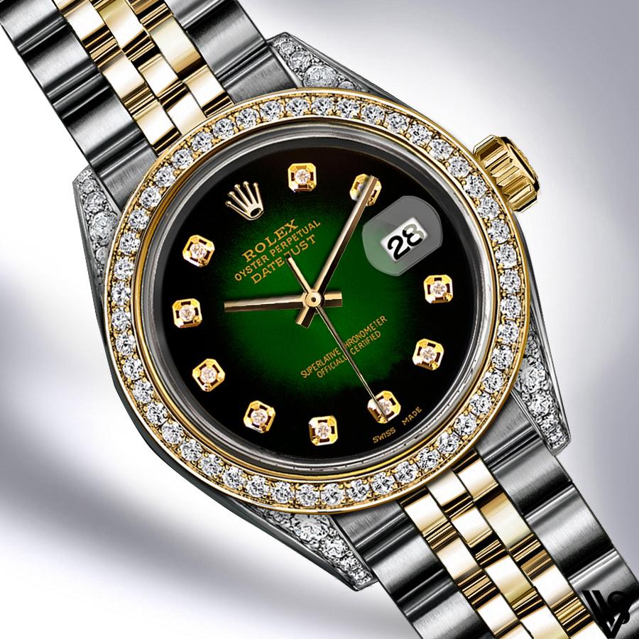 Rolex - Stainless Steel and Yellow Gold Datejust - Diamond Bezel - Black & Green Vignette Diamond Dial - Jubilee Bracelet - Diamond Lugs