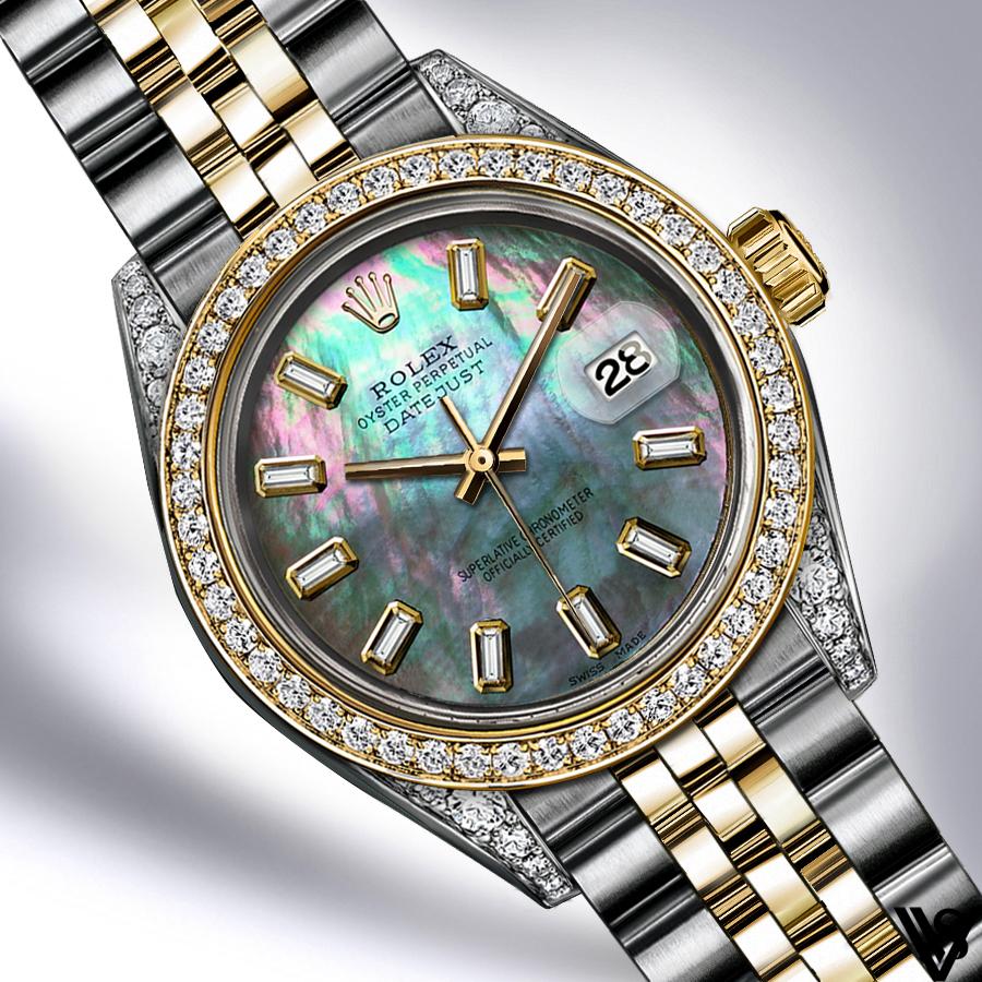 Rolex - Stainless Steel and Yellow Gold Datejust - Diamond Bezel - Green Mother of Pearl Baguette Diamond Dial Dial - Jubilee Bracelet - Diamond Lugs