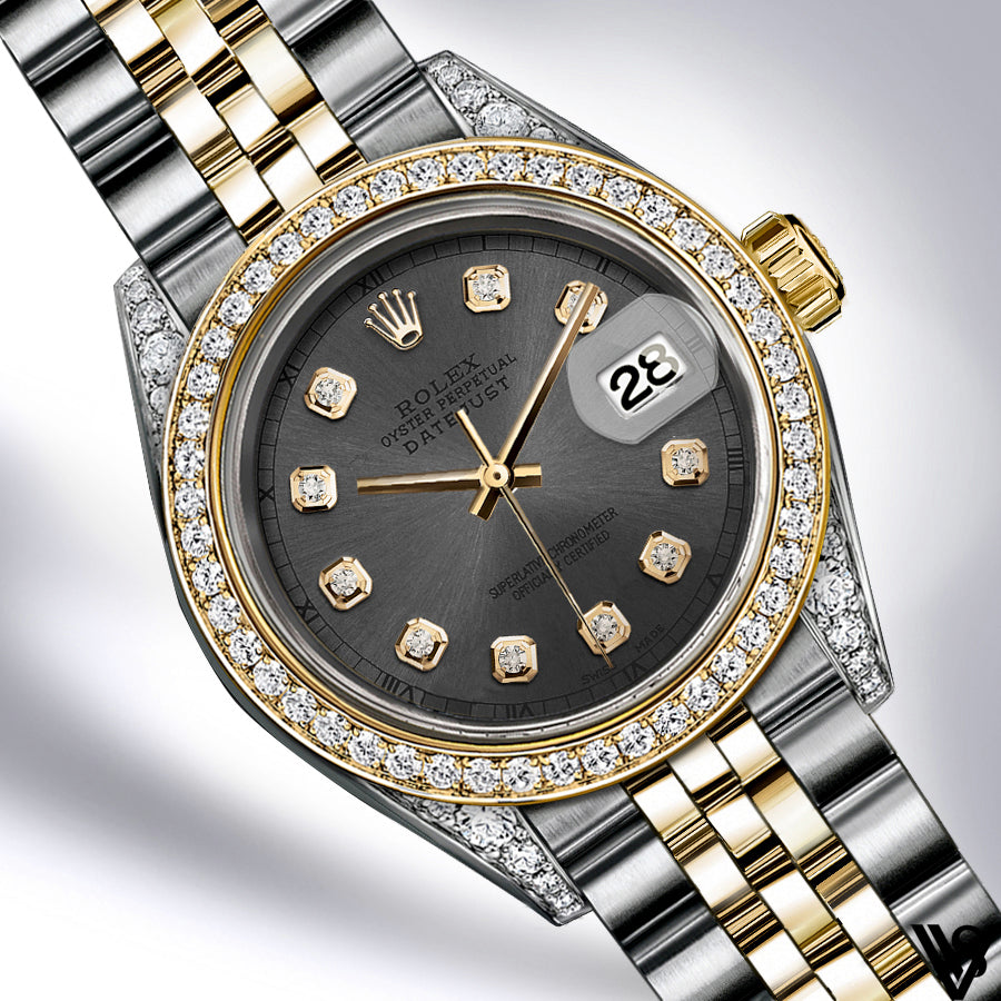 Rolex - Stainless Steel and Yellow Gold Datejust 26mm - Diamond Bezel - Charcoal Grey Diamond Dial - Jubilee Bracelet - Diamond Lugs