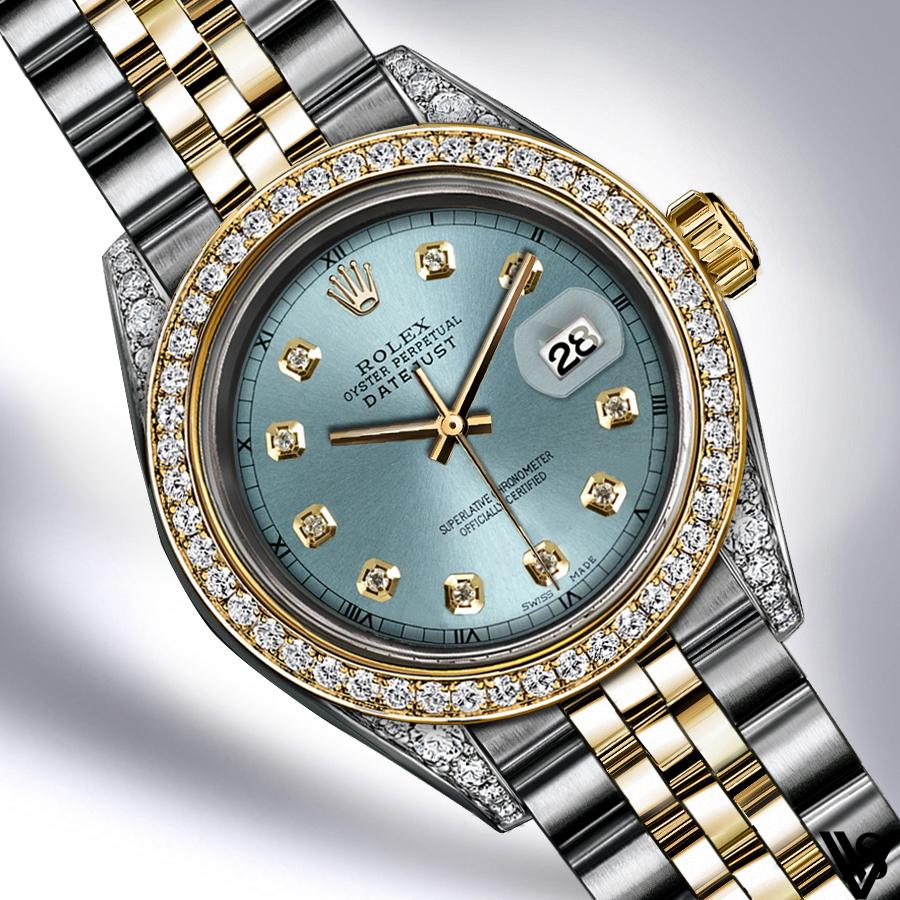 Rolex - Stainless Steel and Yellow Gold Datejust - Diamond Bezel - Pale Blue Diamond Dial - Jubilee Bracelet - Diamond Lugs