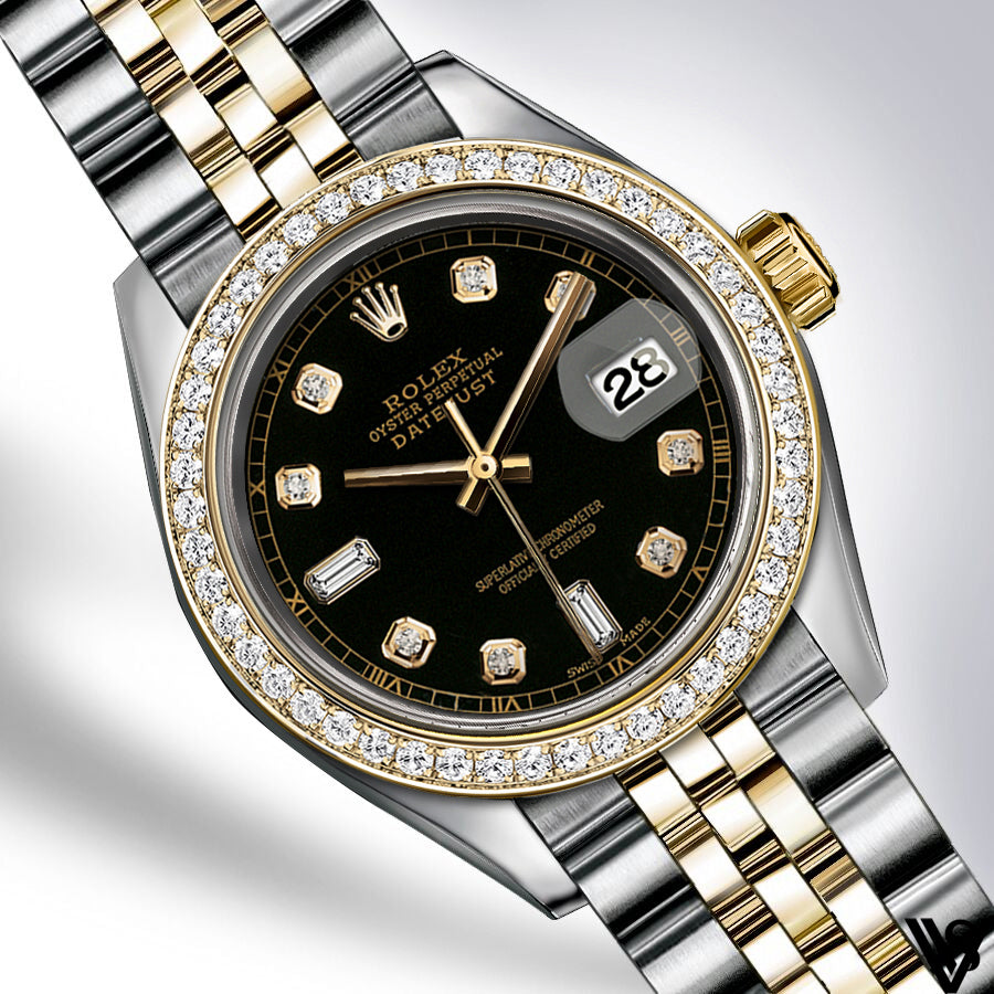 Rolex - Stainless Steel and Yellow Gold Datejust 26mm - Diamond Bezel - Black Baguette 6 & 9 Diamond Dial - Jubilee Bracelet