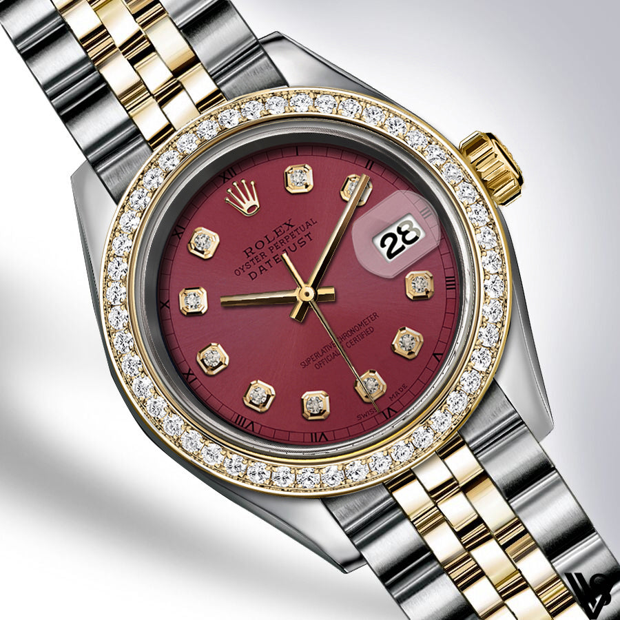 Rolex - Stainless Steel and Yellow Gold Datejust 26mm - Diamond Bezel - Burgundy Brick Diamond Dial - Jubilee Bracelet