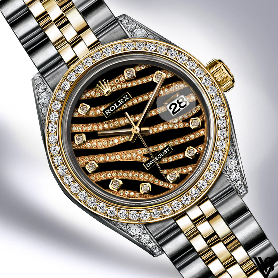 Rolex - Stainless Steel and Yellow Gold Datejust 26mm - Diamond Bezel - Tiger Striped Diamond Dial - Jubilee Bracelet - Diamond Lugs