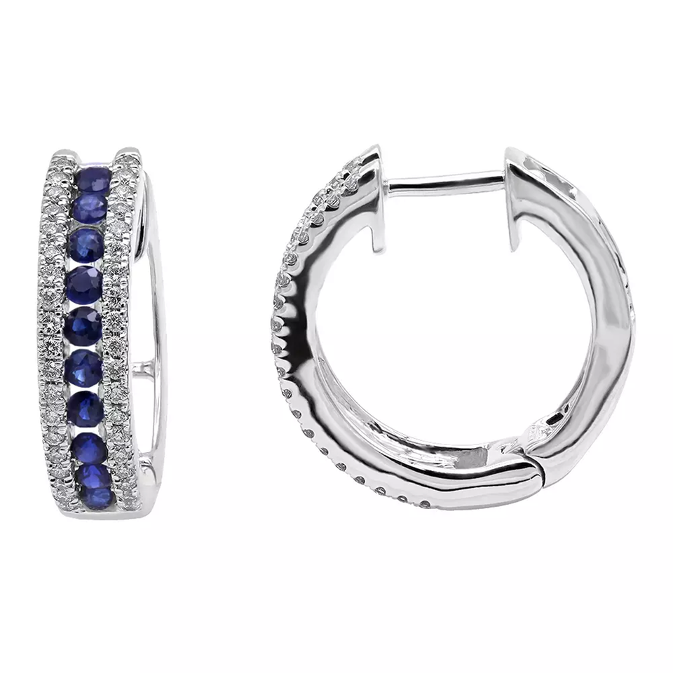 14K White Gold Natural Blue Sapphire and Diamond Huggie Earrings 1ct