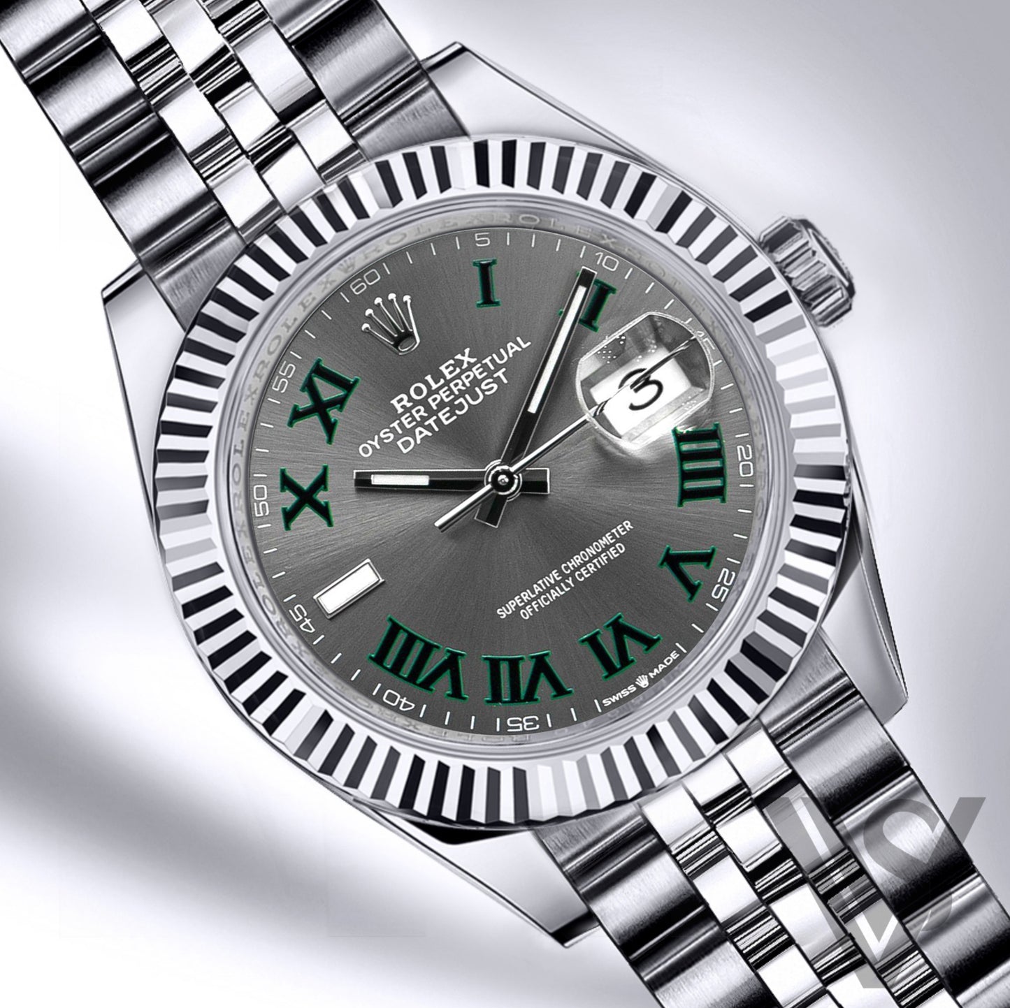 Rolex - Datejust - 41mm Wimbeldon Slate Green Roman Dial 18K White Gold Fluted Bezel Stainless Steel Jubilee Bracelet Men's Watch