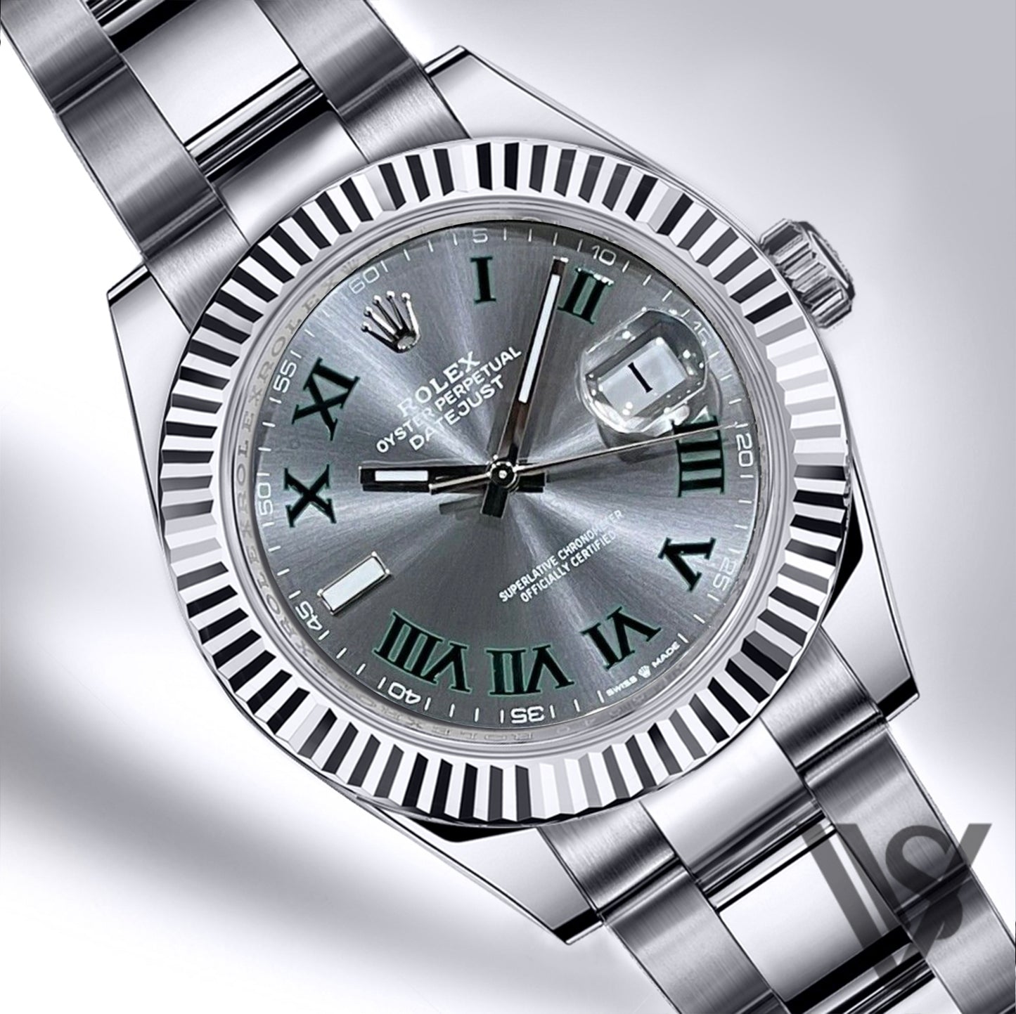 Rolex - Datejust - 41mm Slate Green Roman Dial 18K White Gold Fluted Bezel Stainless Steel Oyster Bracelet Men's Watch