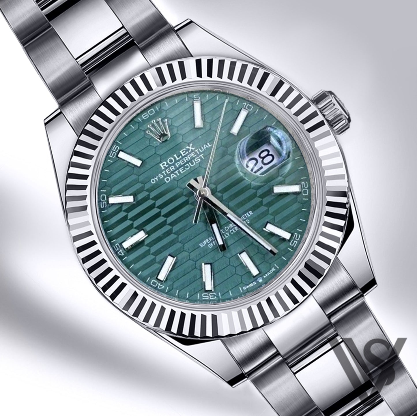 Rolex - Datejust - 41mm Green Motif Stick Index 18K White Gold Fluted Bezel Stainless Steel Oyster Bracelet Men's Watch