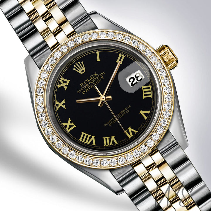 Rolex - Stainless Steel and Yellow Gold Datejust - Diamond Bezel - Black Roman Numeral Dial - Jubilee Bracelet