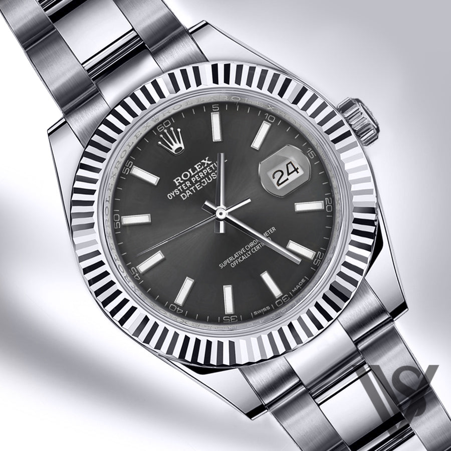 Rolex- Datejust - Black Stick Index Dial 18K White Gold Fluted Bezel Stainless Steel Oyster Bracelet Men's Watch