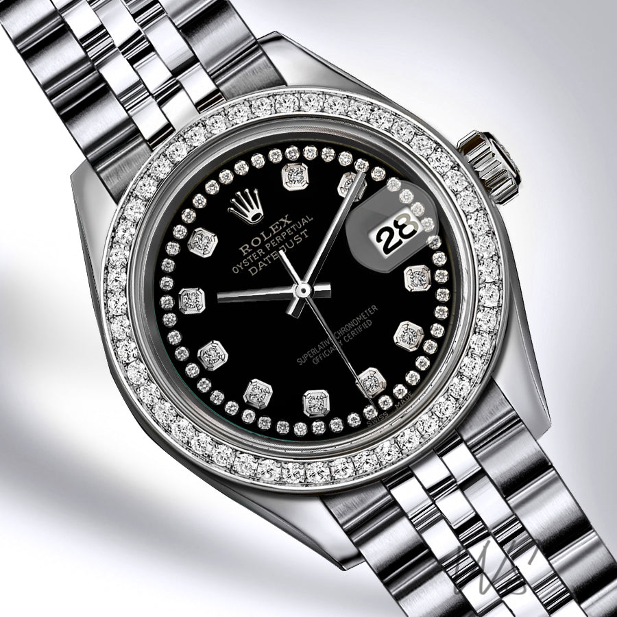 Rolex - Stainless Steel Datejust - Diamond Bezel - Black Diamond Dial with Diamond String - Jubilee Bracelet