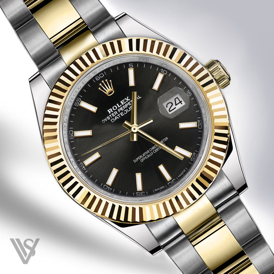 Rolex - Datejust - Black Index Stick Dial 18K Yellow Gold Fluted Bezel Yellow Gold/Stainless Steel Oyster Bracelet Men's Watch