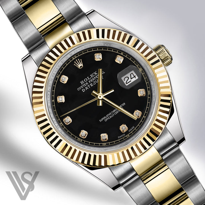 Rolex - Stainless Steel and Yellow Gold Datejust 41 - Fluted Bezel - Black Diamond Dial - Oyster Bracelet