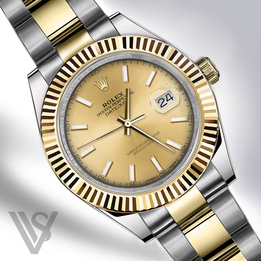 Rolex - Datejust - 41mm Champagne Index Stick Dial 18K Yellow Gold Fluted Bezel Yellow Gold/Stainless Steel Oyster Bracelet Men's Watch