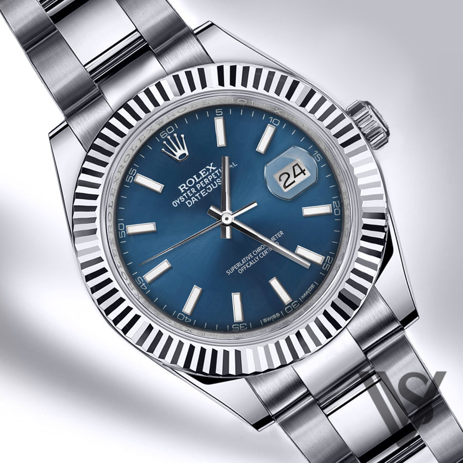 Rolex - Datejust - 41mm Blue Stick Index 18K White Gold Fluted Bezel Stainless Steel Oyster Bracelet Men's Watch