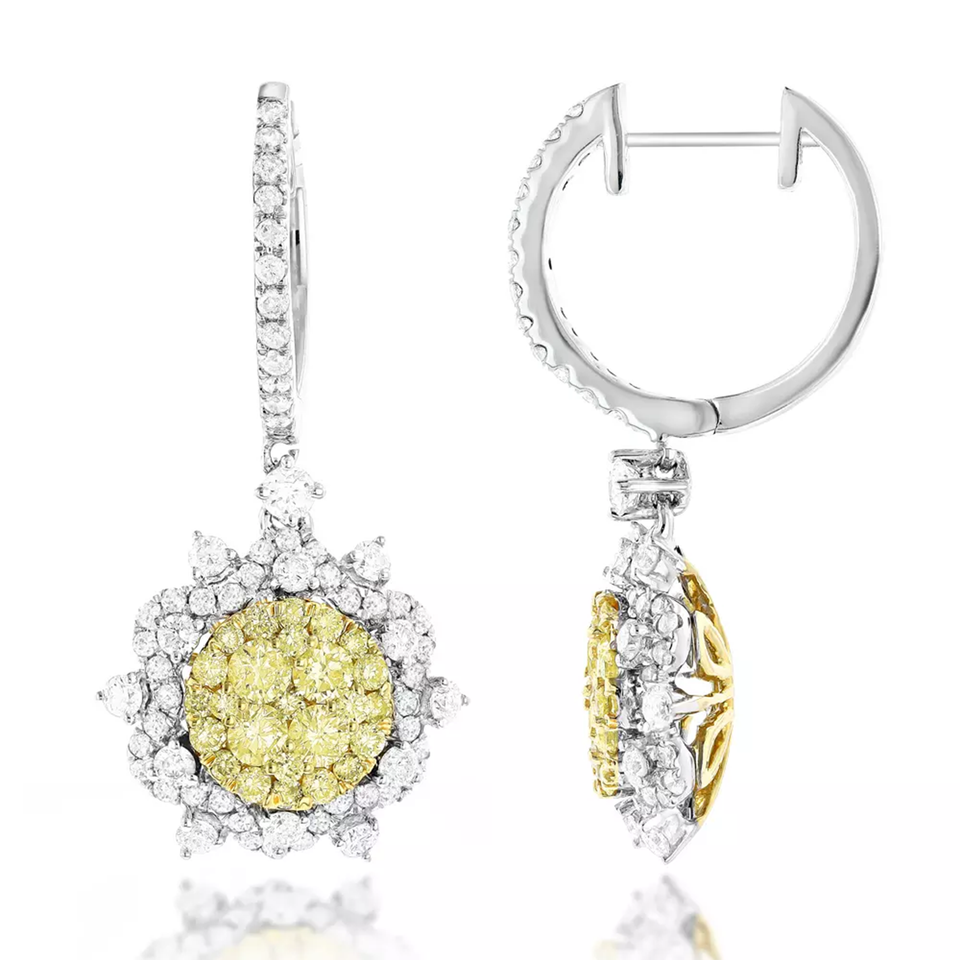 White Diamonds Flower Drop Earrings 14K Gold 2.75ct