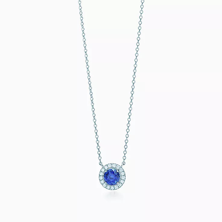 14K White Gold Sapphire and Diamonds Station Necklace .40ct D 0.09CT