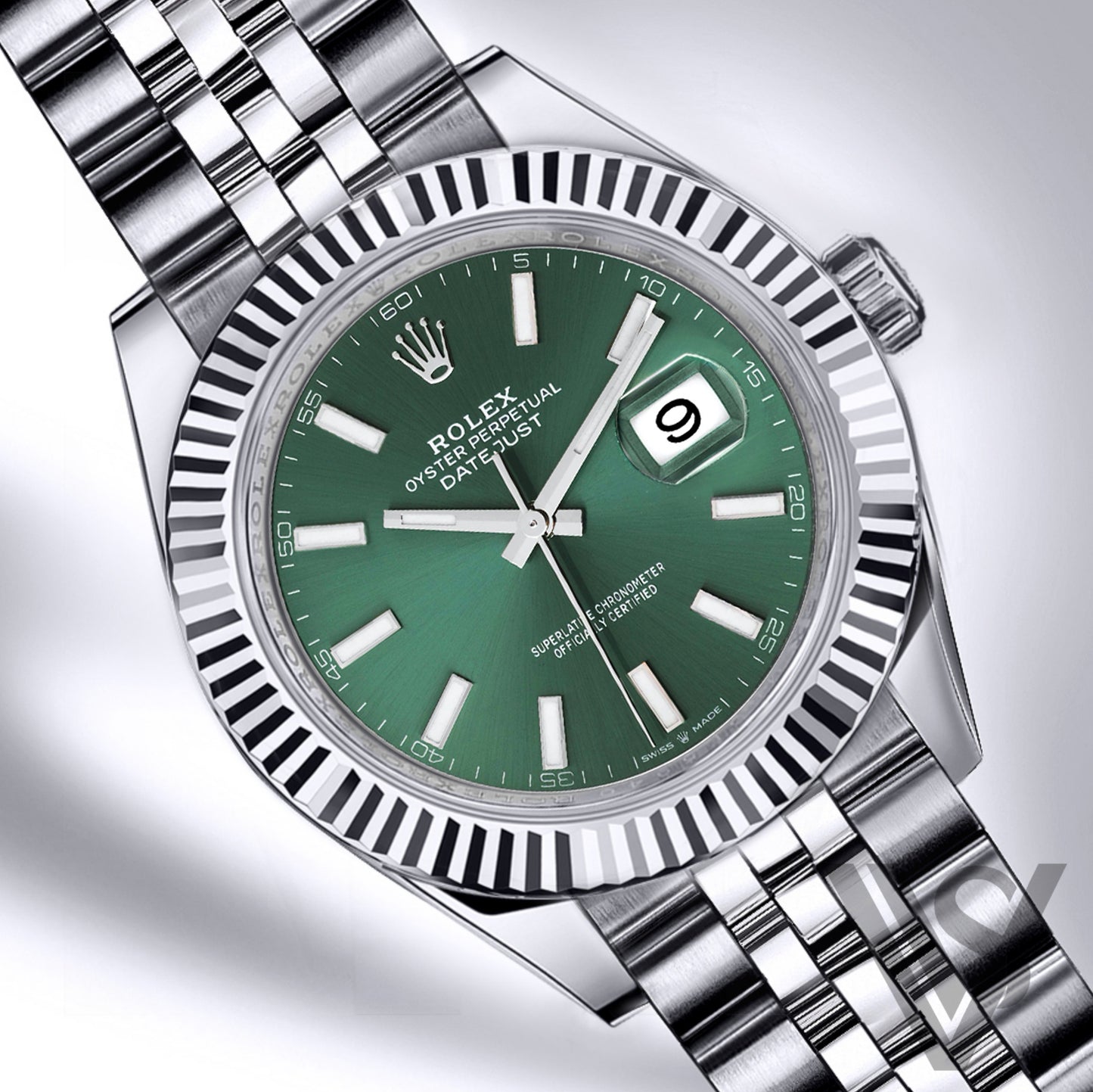 Rolex - Datejust - 41mm Green Stick Index Dial 18K White Gold Fluted Bezel Stainless Steel Jubilee Bracelet Men's Watch