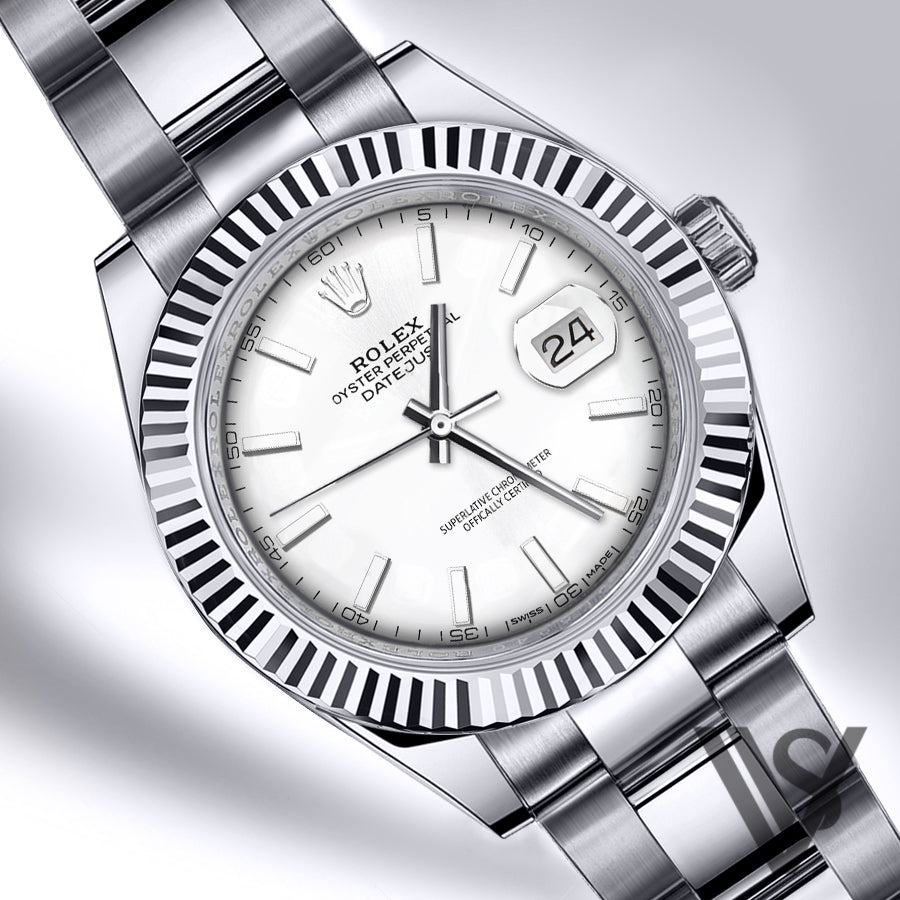 Rolex - Datejust - 41mm White Stick Index Dial 18K White Gold Fluted Bezel Stainless Steel Oyster Bracelet Men's Watch