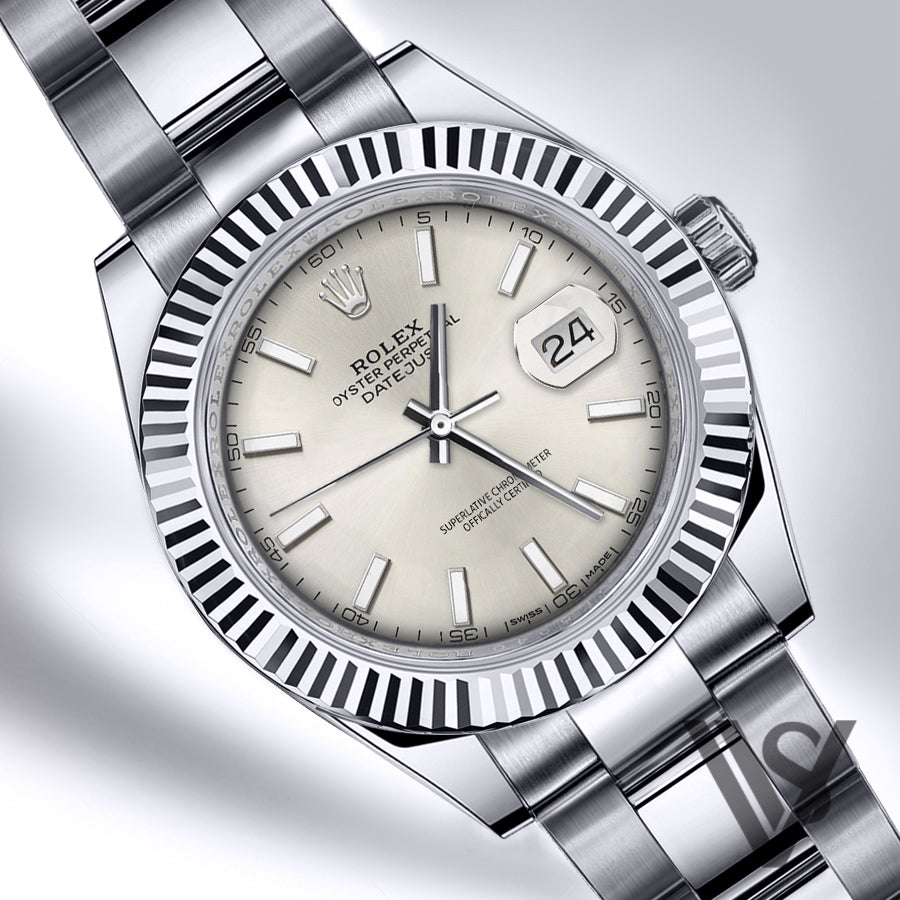 Rolex - Datejust - 41mm Silver Stick Index Dial 18K White Gold Fluted Bezel Stainless Steel Oyster Bracelet Men's Watch