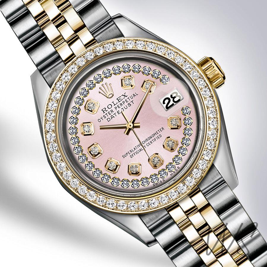 Rolex Midsize 31mm Baby Pink Diamond String Dial Diamond Bezel Two-tone 18K Yellow Gold & Stainless Steel Jubilee Datejust with track Watch