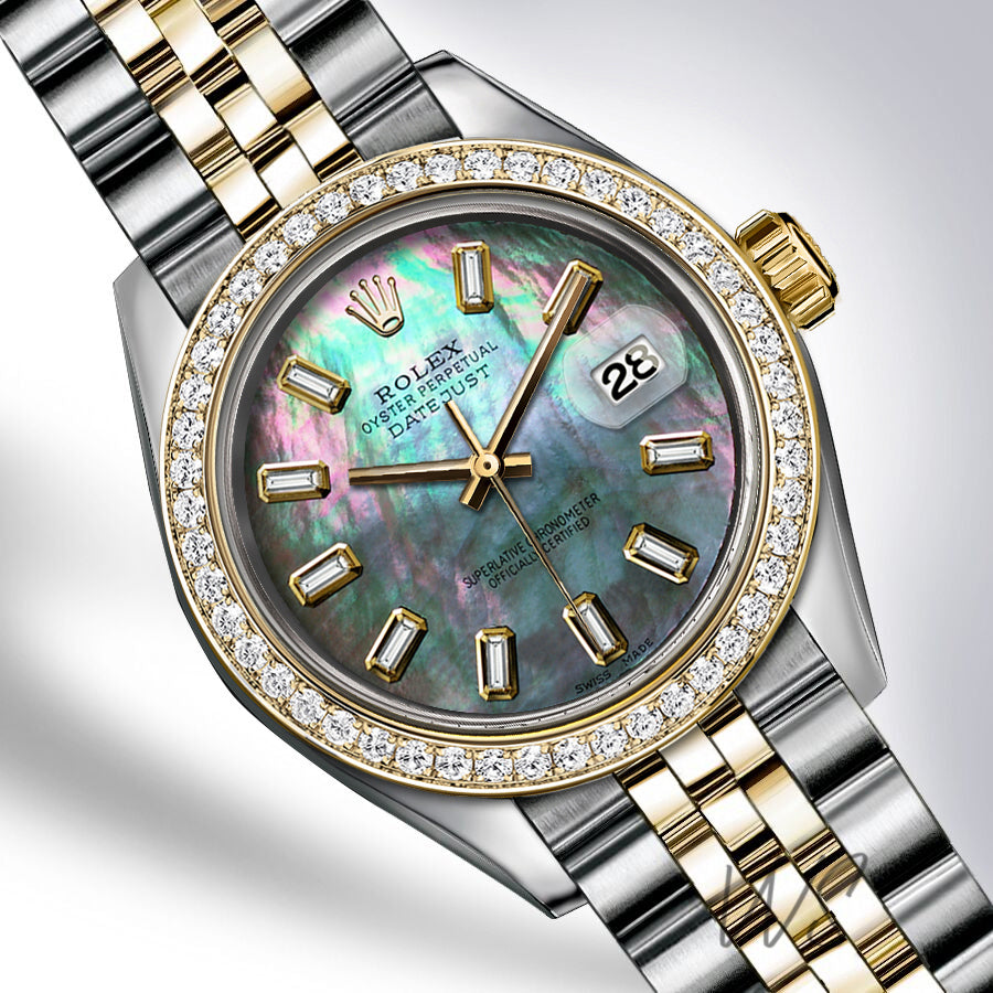 Rolex Large 36mm Blue Mother Of Pearl Baguette Diamond Dial Stainless Steel Jubilee Datejust Watch