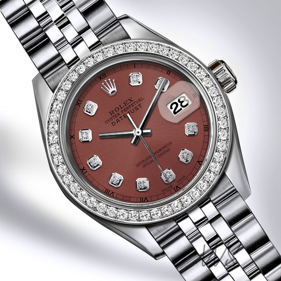 Rolex - Stainless Steel Datejust - Diamond Bezel - Dusty Red Diamond Dial - Jubilee Bracelet