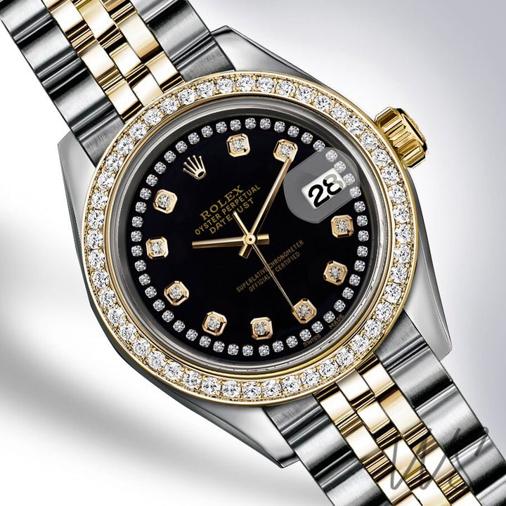 Rolex - Stainless Steel and Yellow Gold Datejust - Diamond Bezel - Black Diamond Dial with Diamond String- Jubilee Bracelet