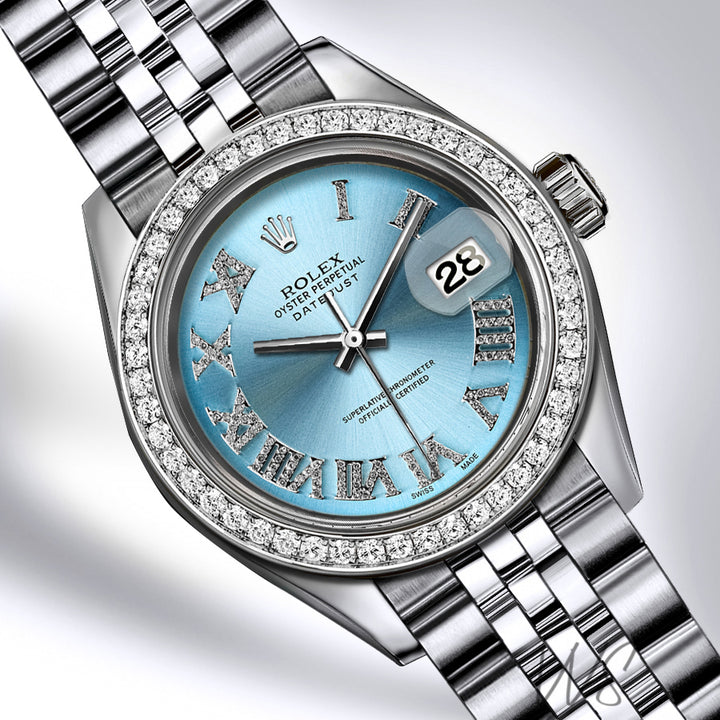 Rolex - Stainless Steel Datejust - Diamond Bezel - Blue Iced Out Roman Numeral Pave Diamond Dial - Jubilee Bracelet