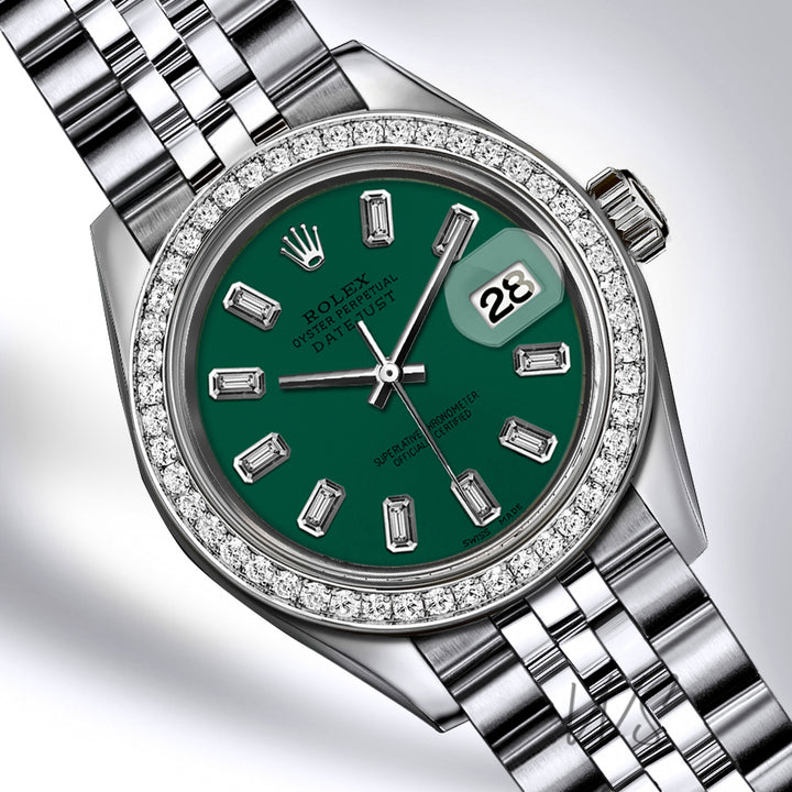 Rolex - Stainless Steel Datejust - Diamond Bezel - Emerald Green Baguette Diamond Dial - Jubilee Bracelet