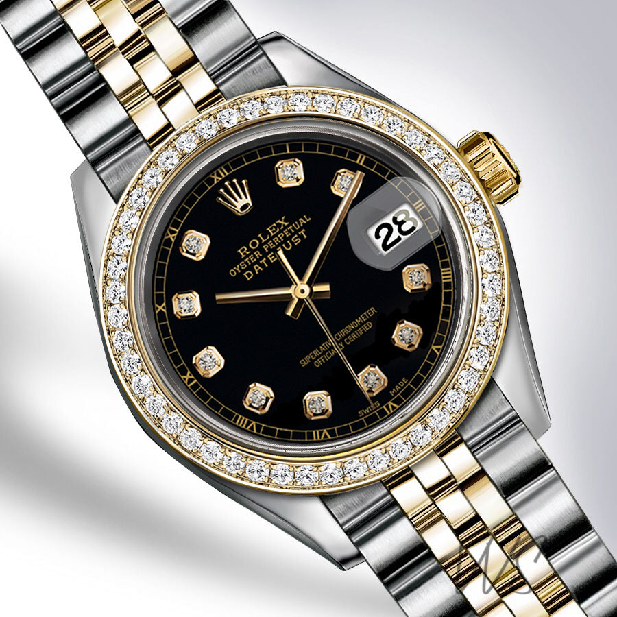 Rolex - Stainless Steel and Yellow Gold Datejust 26mm - Diamond Bezel - Black Diamond Dial - Jubilee Bracelet