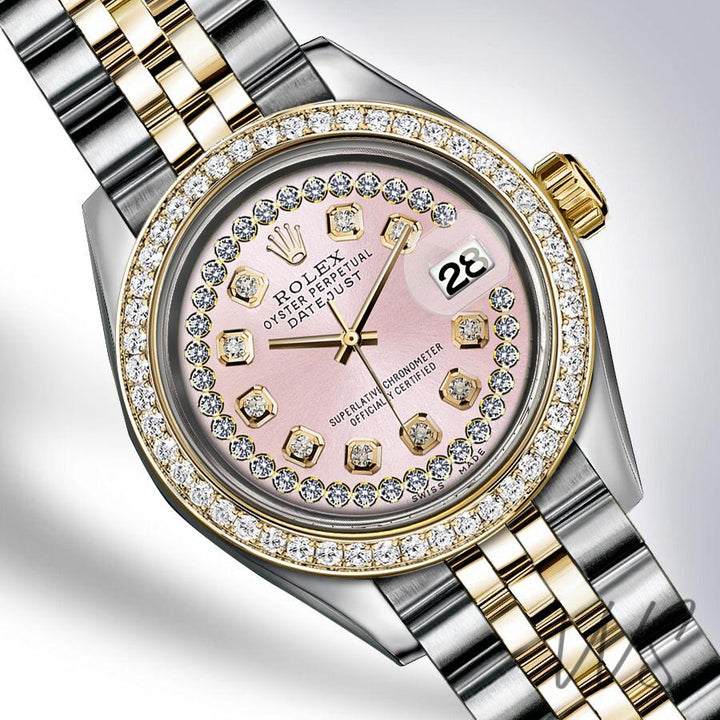 Rolex - Stainless Steel and Yellow Gold Datejust - Diamond Bezel - Baby Pink Diamond Dial with Diamond String - Jubilee Bracelet