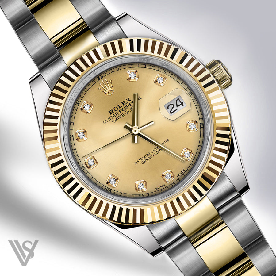 Rolex - Datejust - 41mm Champagne Diamond Dial 18K Yellow Gold Fluted Bezel Stainless Steel Yellow Oyster Bracelet Men's Watch