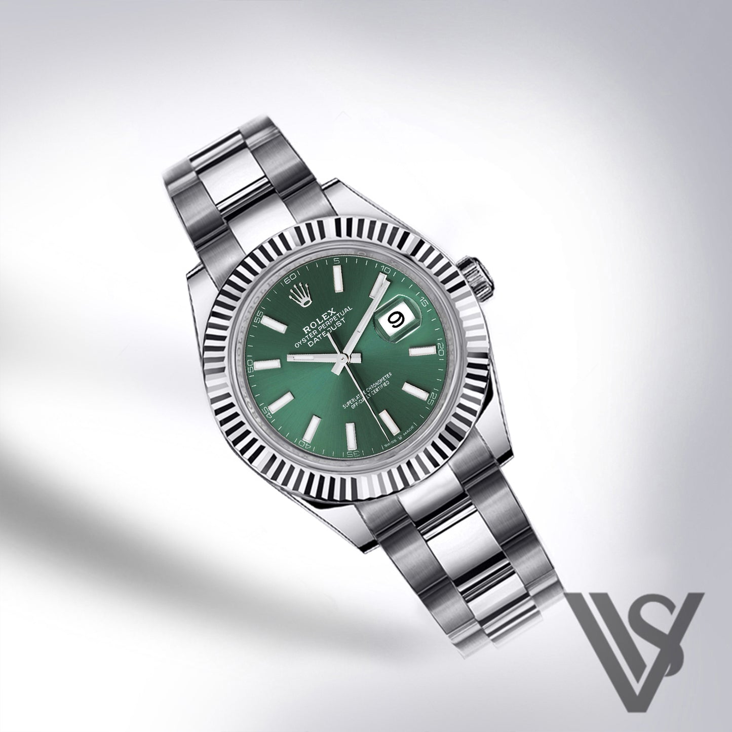 Rolex - Datejust - 41mm Green Stick Index 18K White Gold Fluted Bezel Stainless Steel Oyster Bracelet Men's Watch