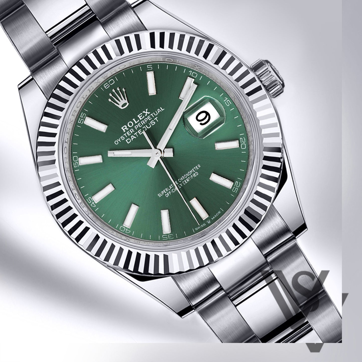 Rolex - Datejust - 41mm Green Stick Index 18K White Gold Fluted Bezel Stainless Steel Oyster Bracelet Men's Watch