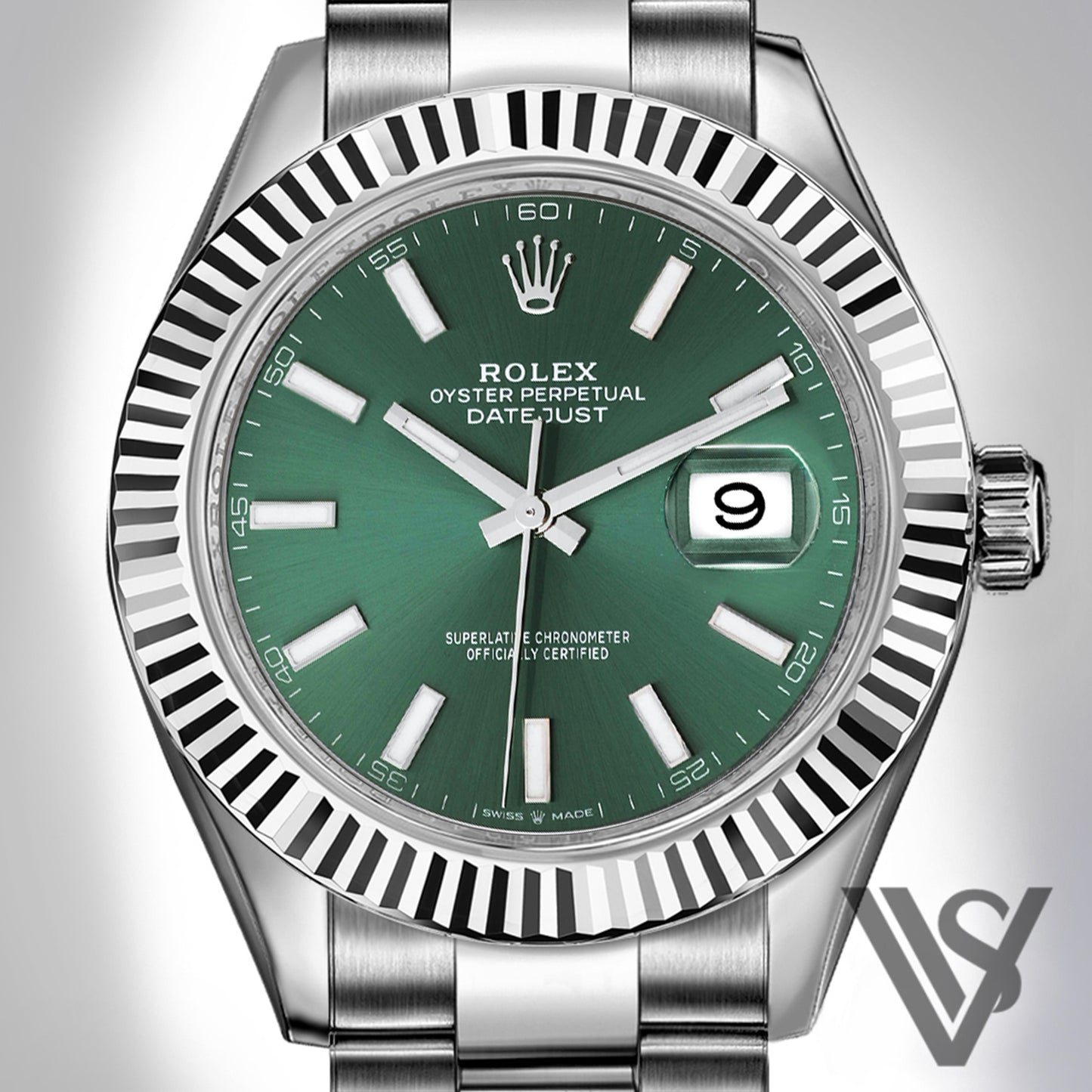 Rolex - Datejust - 41mm Green Stick Index 18K White Gold Fluted Bezel Stainless Steel Oyster Bracelet Men's Watch