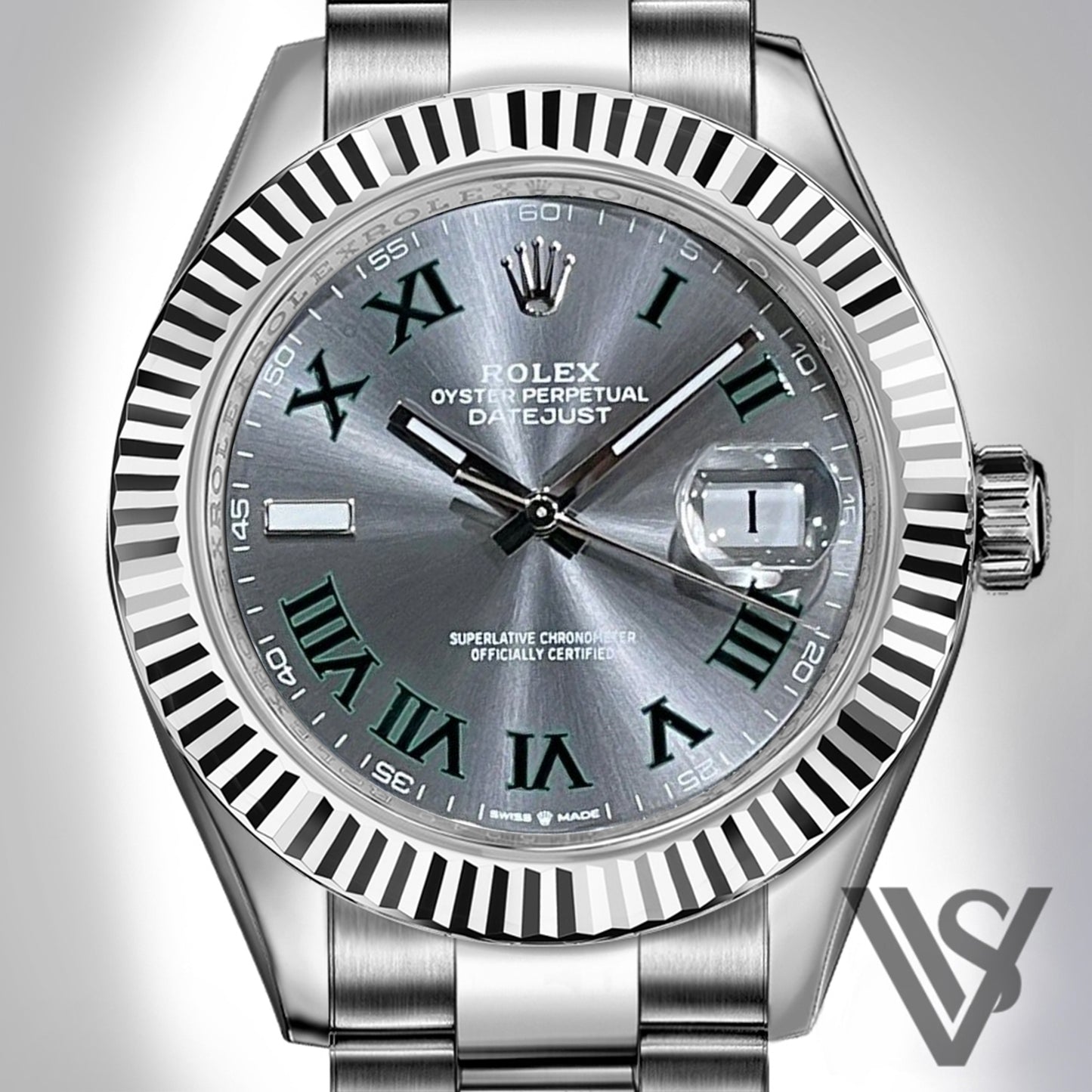 Rolex - Datejust - 41mm Slate Green Roman Dial 18K White Gold Fluted Bezel Stainless Steel Oyster Bracelet Men's Watch