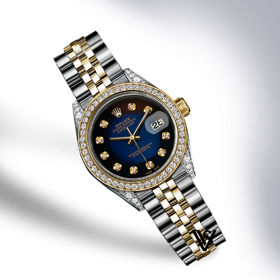 Rolex - Stainless Steel and Yellow Gold Datejust 26mm - Diamond Bezel - Black and Blue Faded Diamond Dial - Jubilee Bracelet - Diamond Lugs