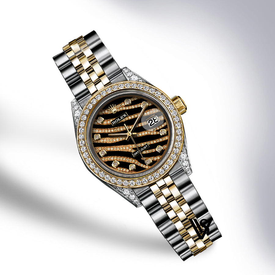 Rolex - Stainless Steel and Yellow Gold Datejust 26mm - Diamond Bezel - Tiger Striped Diamond Dial - Jubilee Bracelet - Diamond Lugs