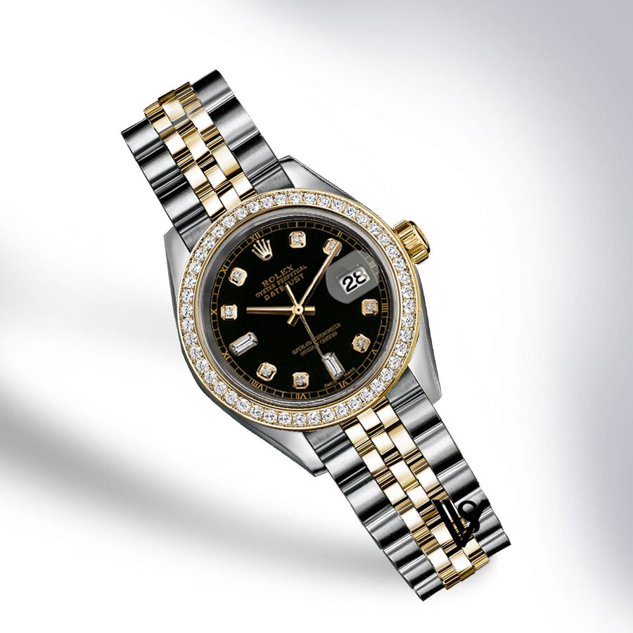 Rolex - Stainless Steel and Yellow Gold Datejust 26mm - Diamond Bezel - Black Baguette 6 & 9 Diamond Dial - Jubilee Bracelet