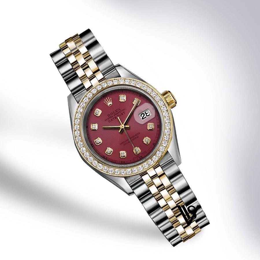 Preowned Rolex - 36mm Datejust Burgundy Brick Diamond Dial with Diamond Bezel Two-tone 18K Yellow Gold & Stainless Steel Jubilee